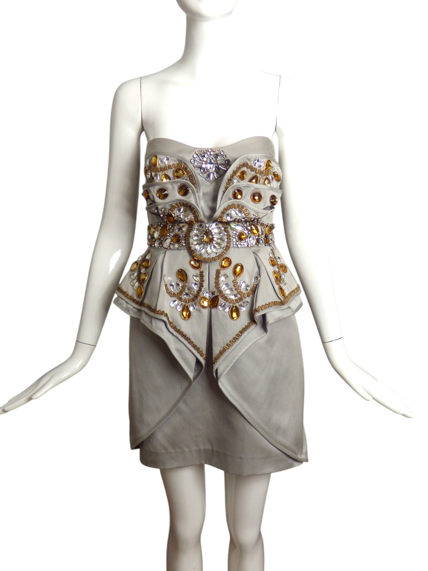 TEMPERLEY-NWT 2010 Grey Jeweled Satin Mini Dress, Size 4