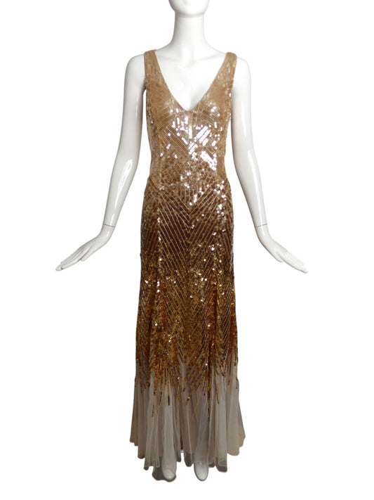 TEMPERLEY-NWT Gold Sequin & Chiffon Evening Gown, Size 4