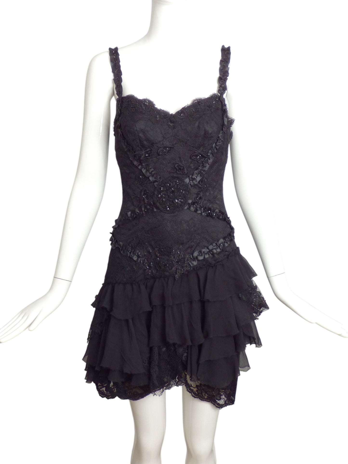 MANDALAY- NWT Black Beaded Lace Mini Dress, Size 6