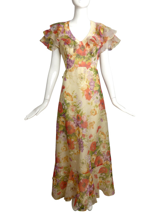 1970s Floral Print Organza Gown, Size 6