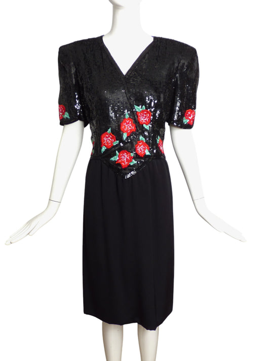 CAROLINA HERRERA- 1980s Black Floral Sequin Dress, Size 10