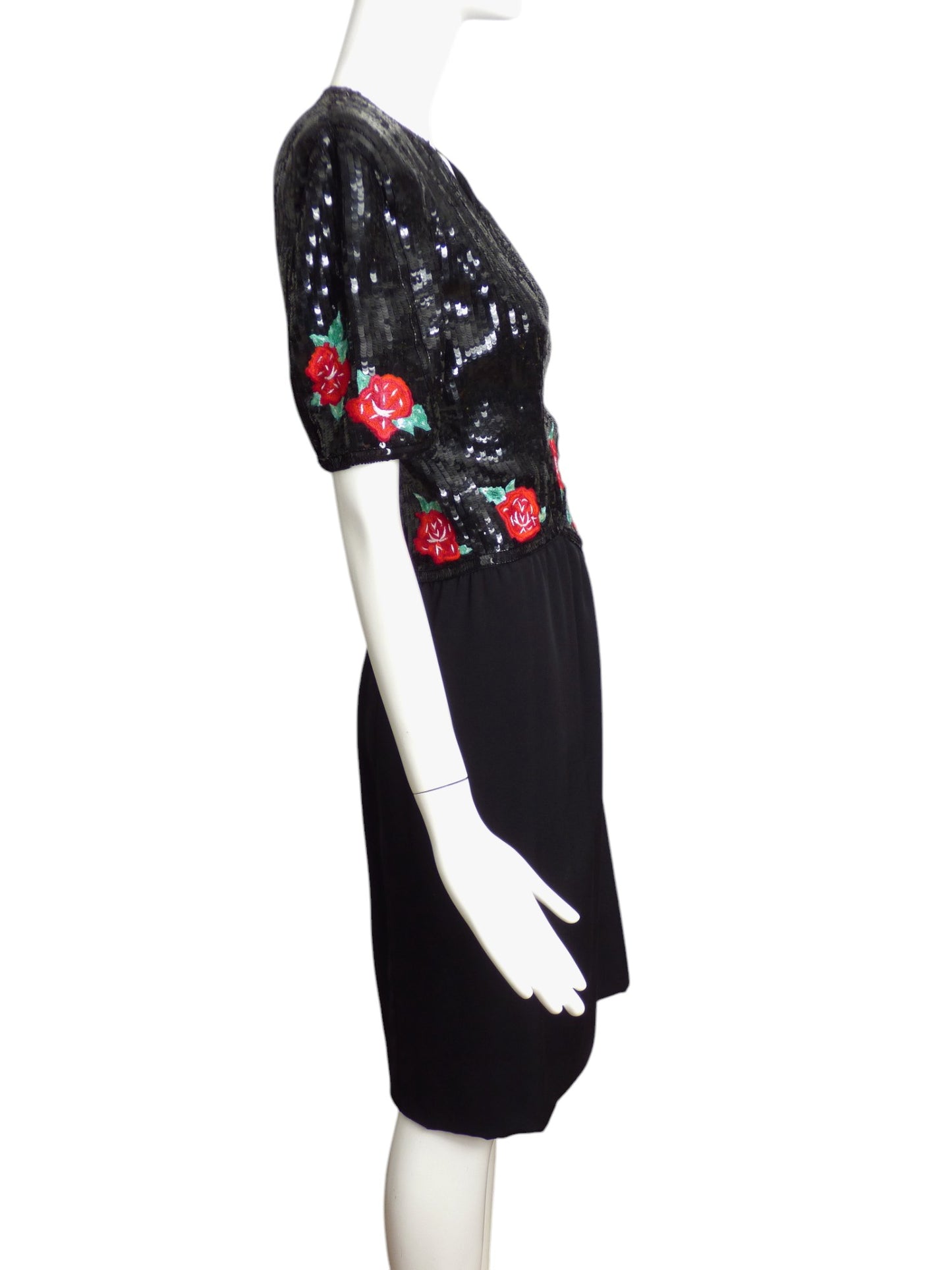 CAROLINA HERRERA- 1980s Black Floral Sequin Dress, Size 10