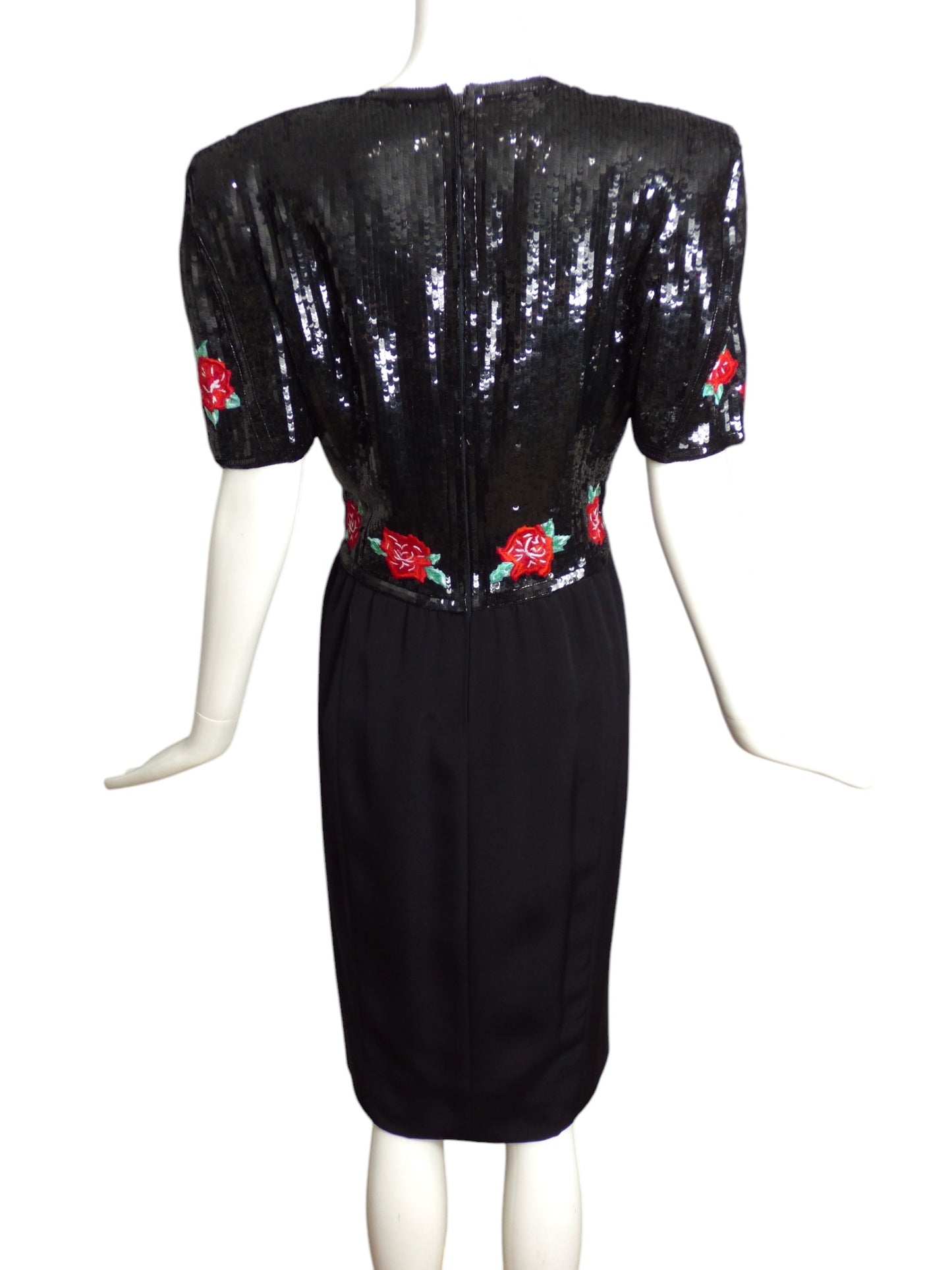 CAROLINA HERRERA- 1980s Black Floral Sequin Dress, Size 10