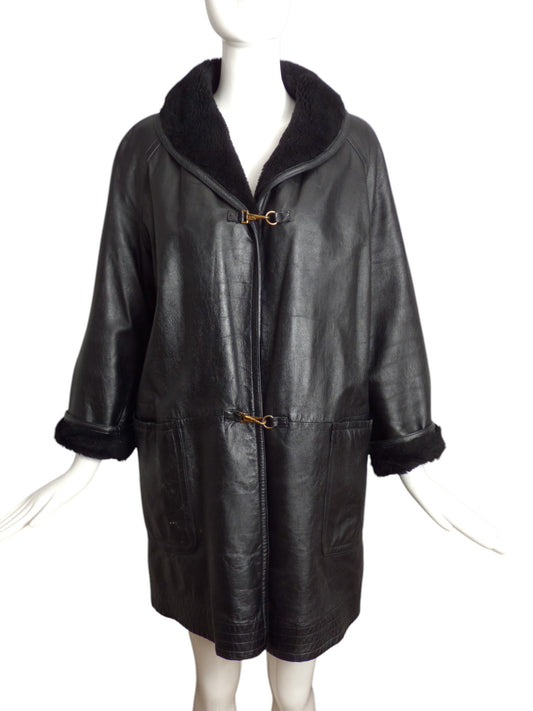 BONNIE CASHIN UNLABELED- 1950s Black Leather & Fur Coat, Size 10