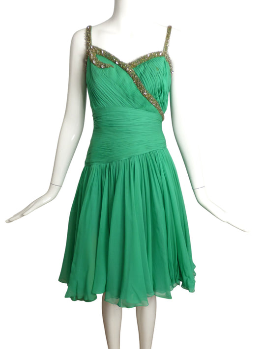 ORIGINAL BY RUDOLF- 1960s Green Beaded Chiffon Party Dress, Size 2