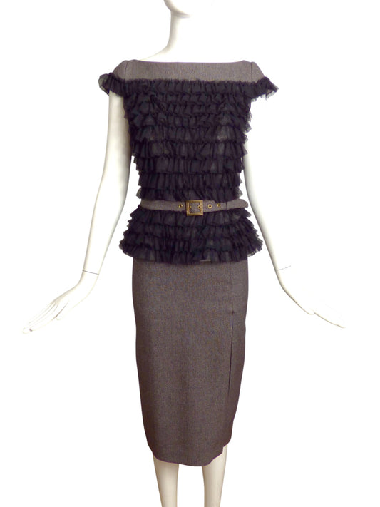 THOMAS WYLDE- NWT Grey Wool & Black Chiffon Dress, Size 6