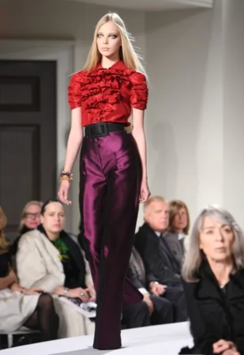 OSCAR DE LA RENTA- 2008 Claret Silk Taffeta Ruffle Blouse, Size 12