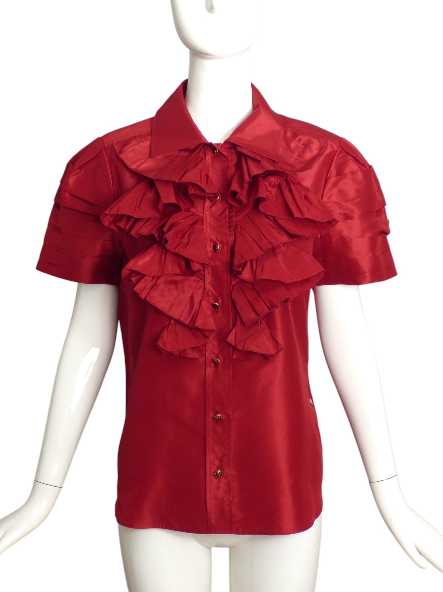 OSCAR DE LA RENTA- 2008 Claret Silk Taffeta Ruffle Blouse, Size 12