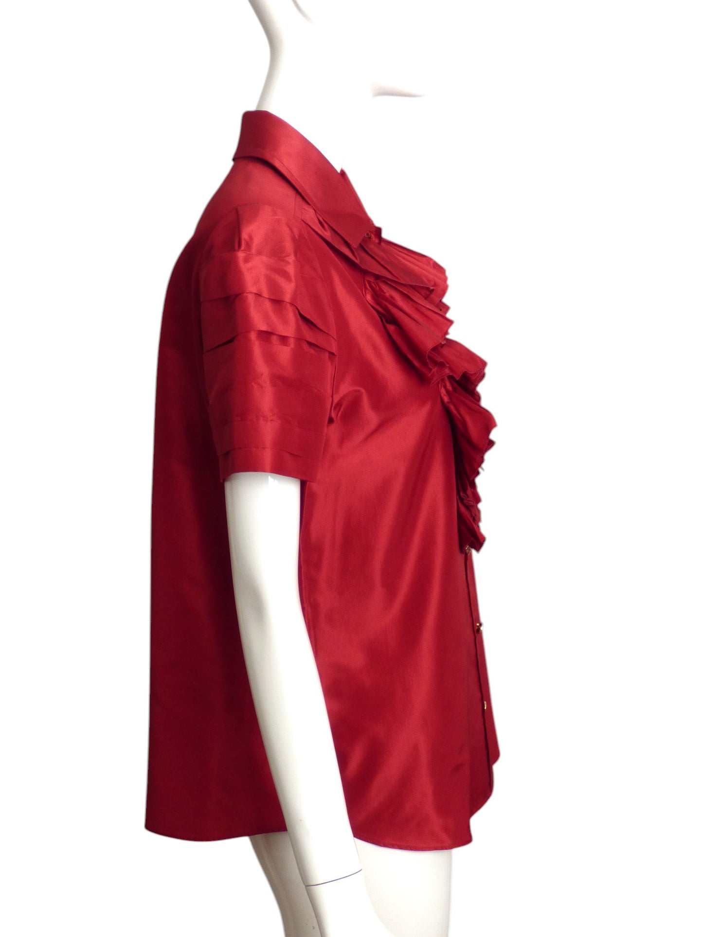 OSCAR DE LA RENTA- 2008 Claret Silk Taffeta Ruffle Blouse, Size 12