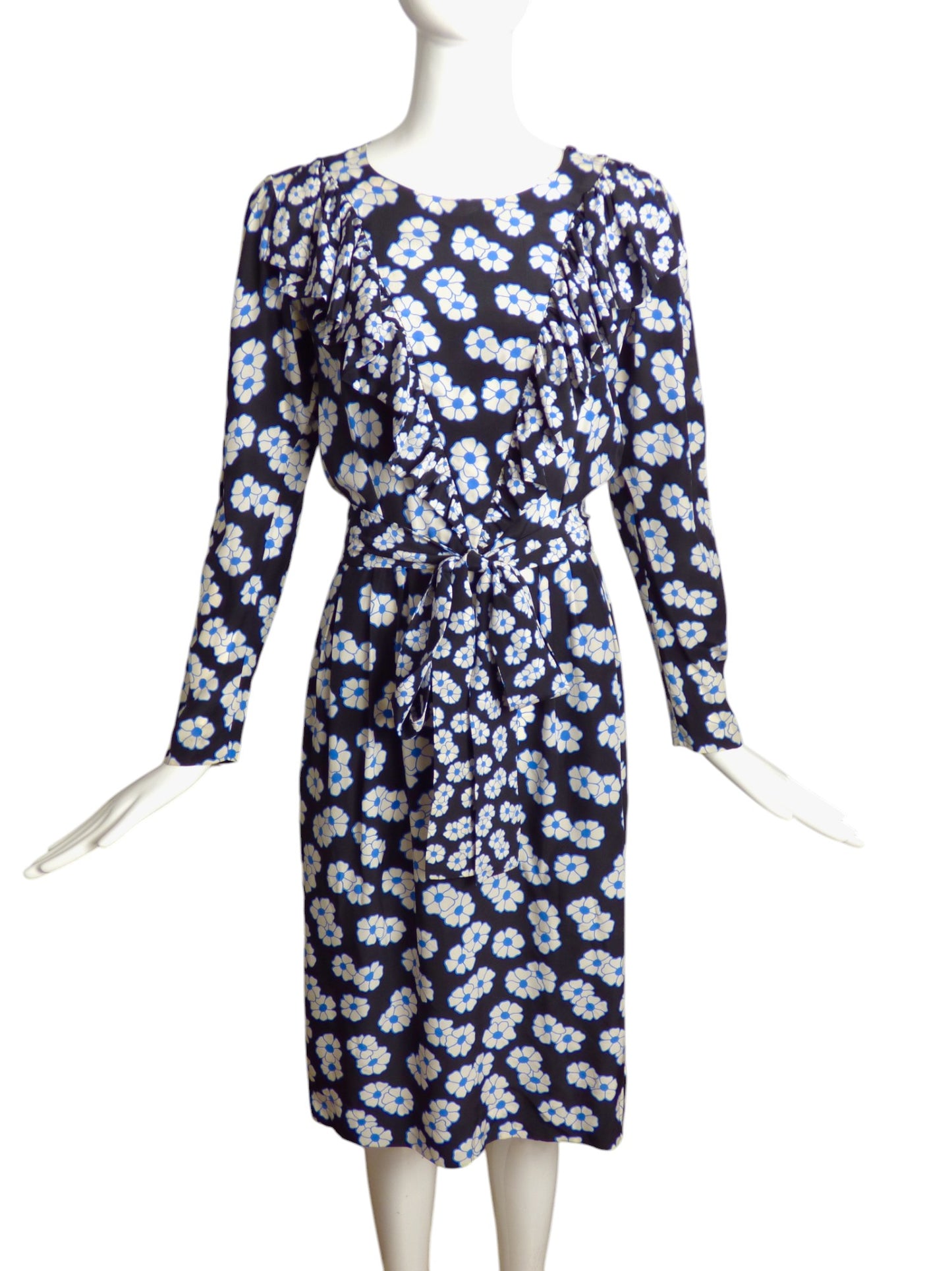 YVES SAINT LAURENT- 1980s Floral Print Silk Dress, Size 2