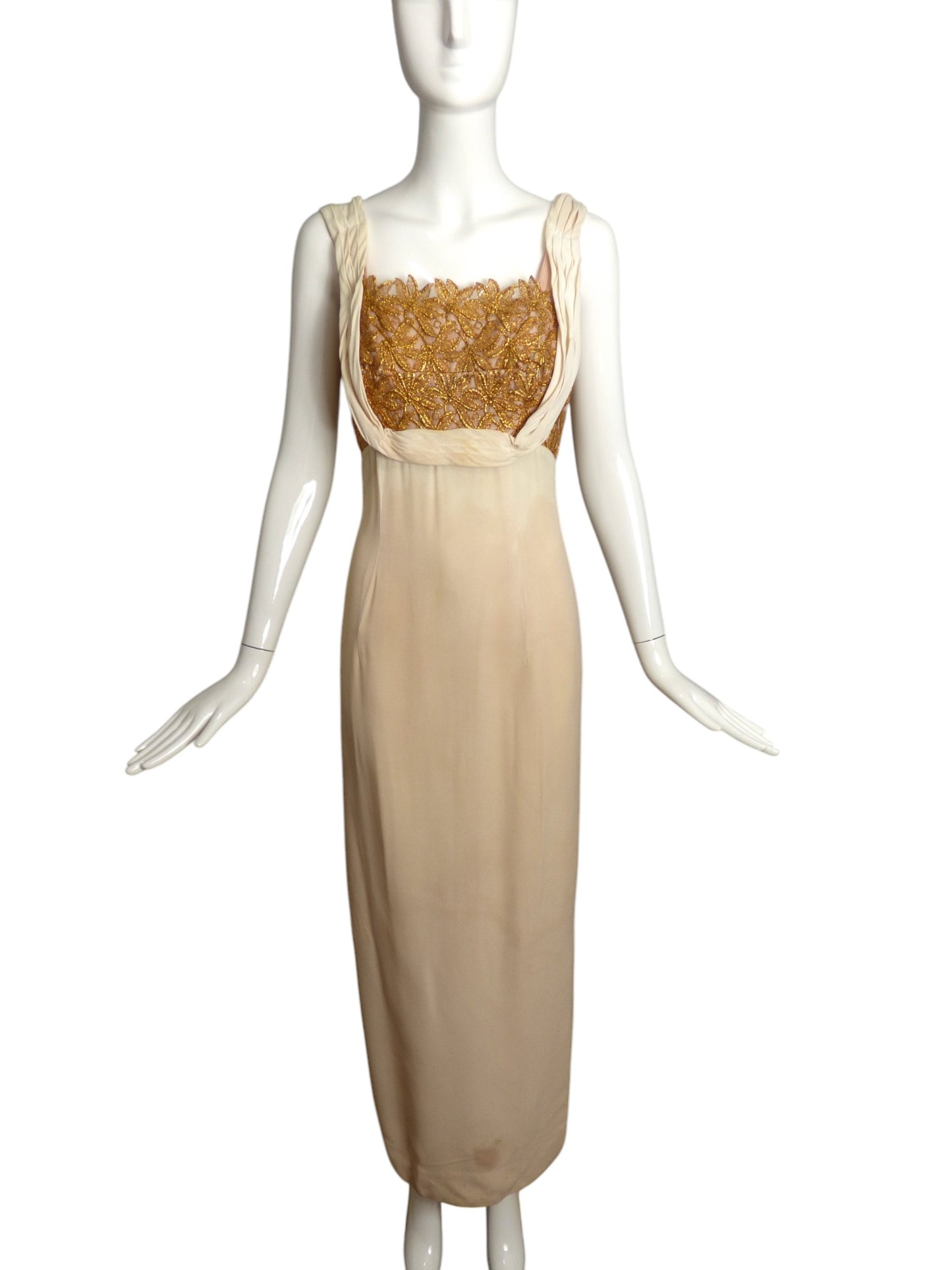 NINA RICCI- AS IS 1950s Ivory Crepe & Gold Lace Ensemble, Size 8