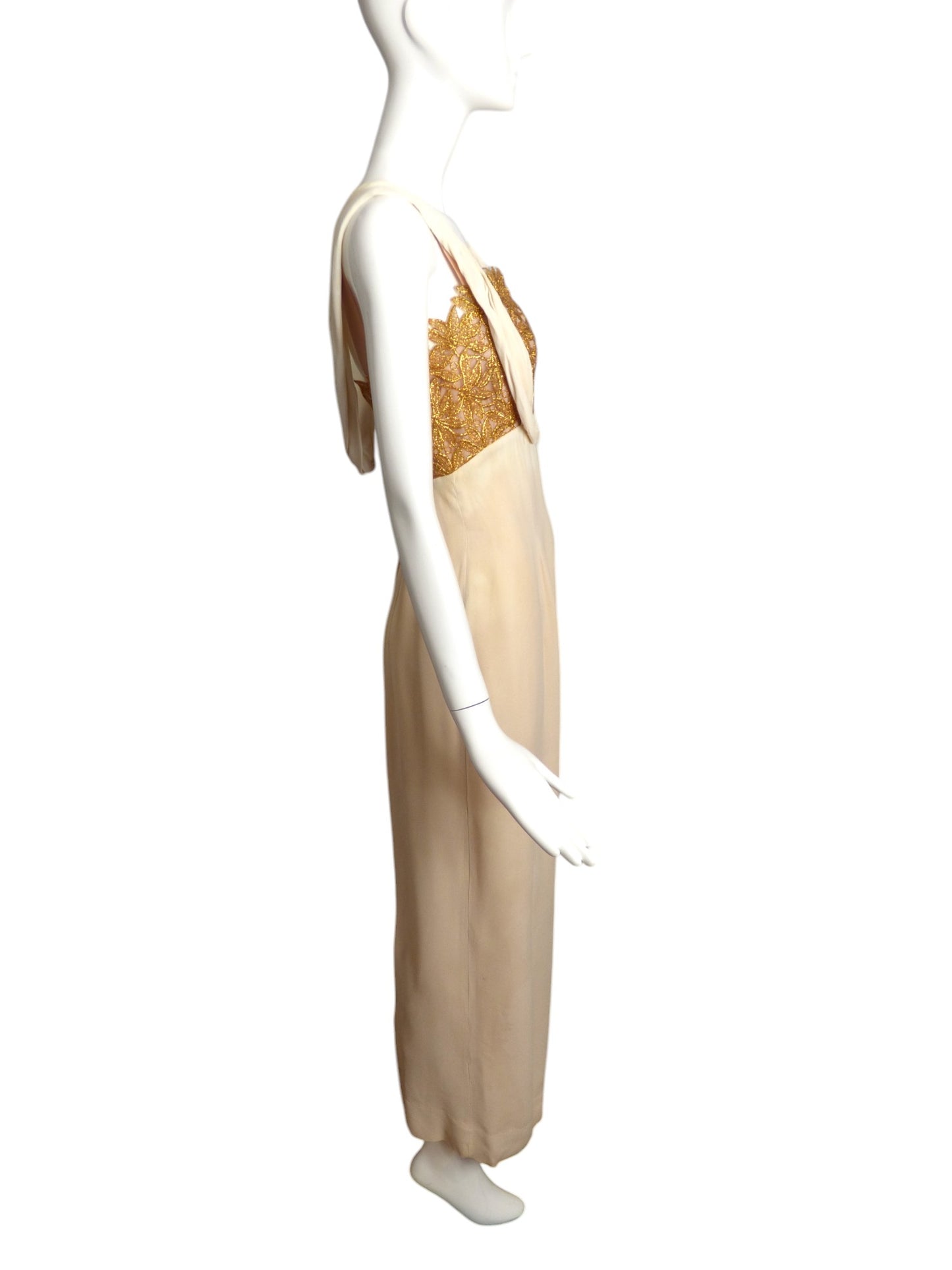 NINA RICCI- AS IS 1950s Ivory Crepe & Gold Lace Ensemble, Size 8