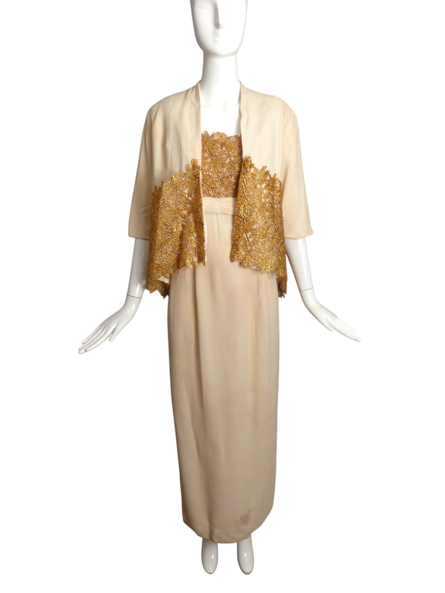 NINA RICCI- AS IS 1950s Ivory Crepe & Gold Lace Ensemble, Size 8