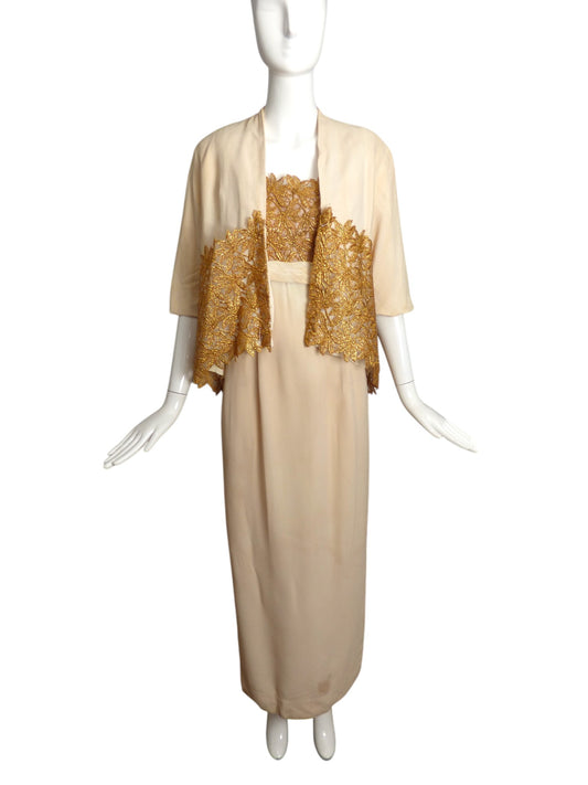 NINA RICCI- AS IS 1950s Ivory Crepe & Gold Lace Ensemble, Size 8