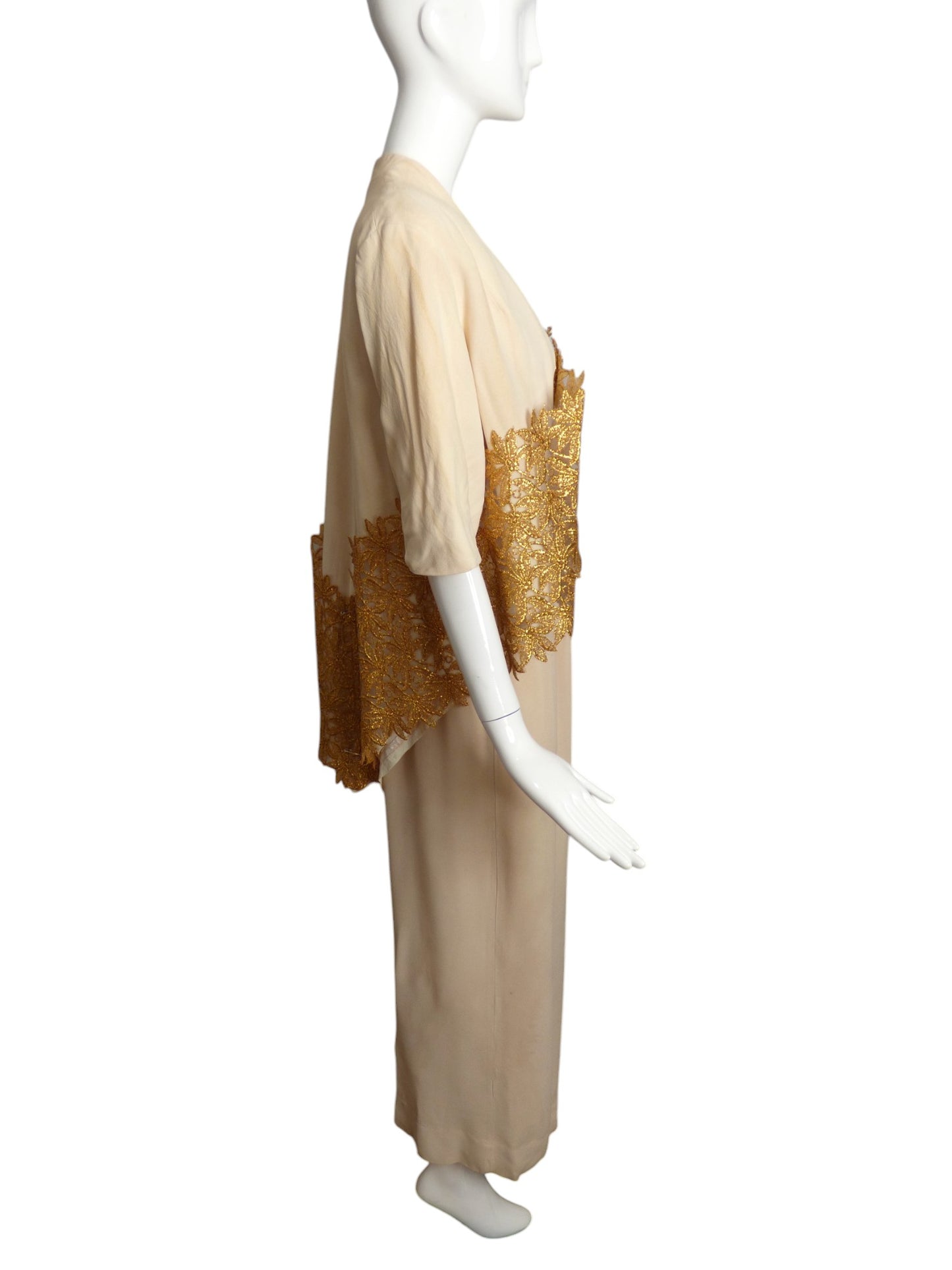 NINA RICCI- AS IS 1950s Ivory Crepe & Gold Lace Ensemble, Size 8