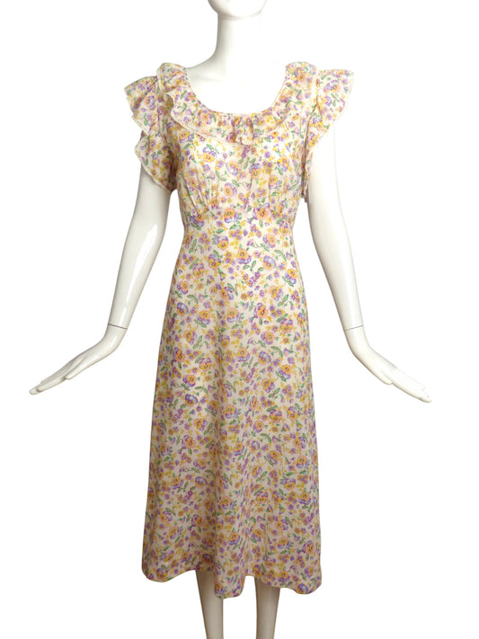 1930s Floral Cotton Day Dress, Size 6