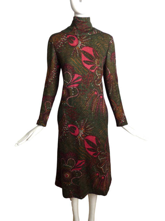 PAULINE TRIGERE- 1970s Printed Wool Dress, Size 8