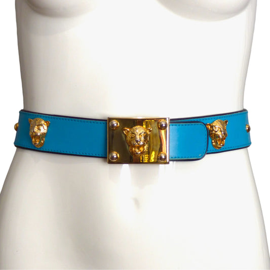 ESCADA- 1980s Blue Jaguar Head Leather Belt, Size 40