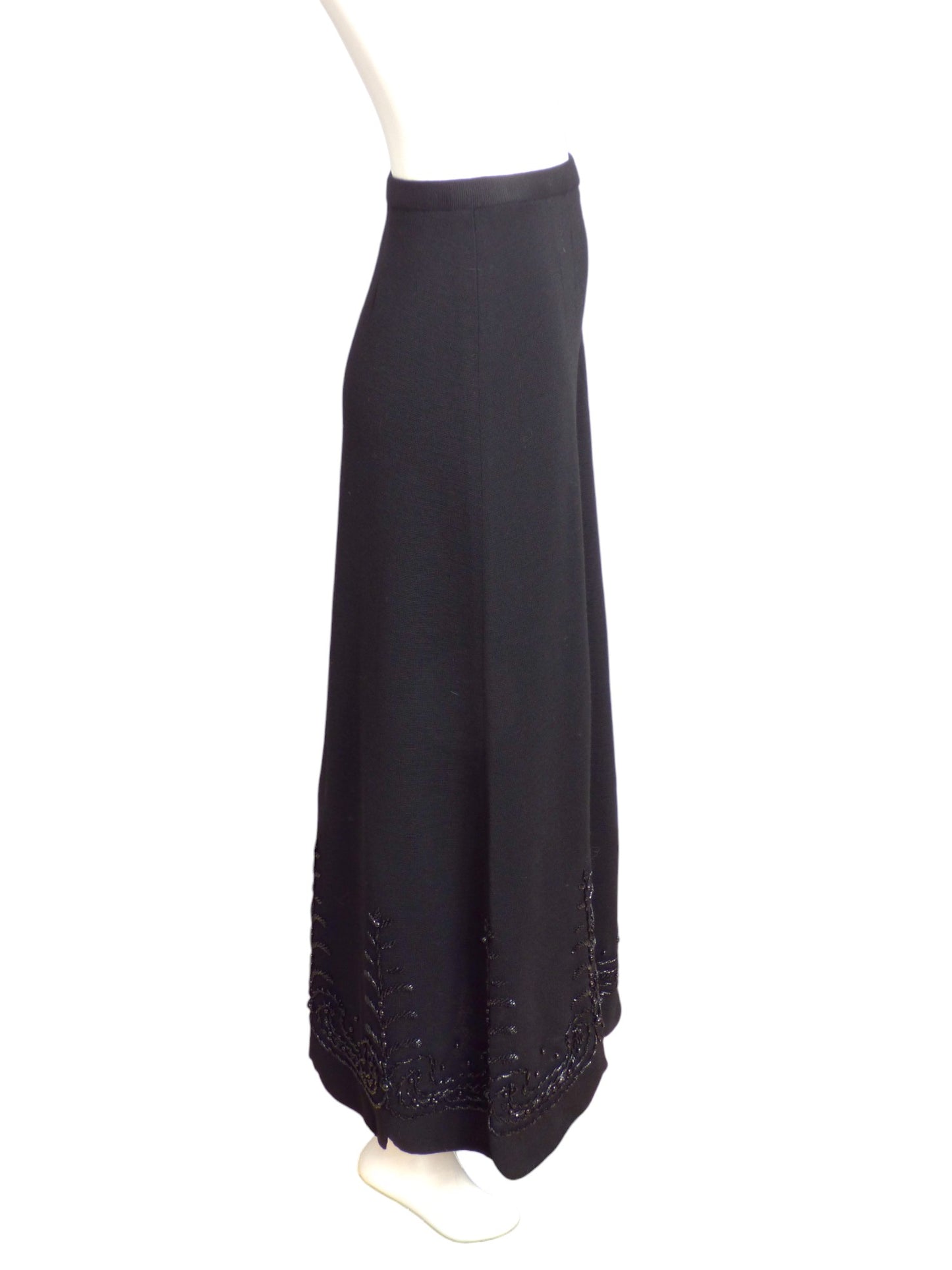 1970s Black Wool Beaded Maxi Skirt, Size 6