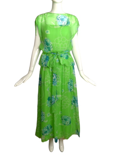 ADELE SIMPSON- 1970s 2pc Green Chiffon Dress, Size 2