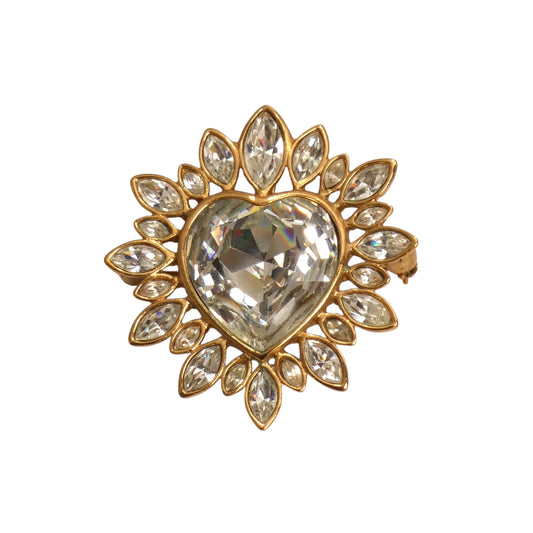 YVES SAINT LAURENT- 1980s Gold Rhinestone Heart Pendant Brooch