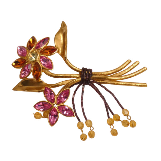 YVES SAINT LAURENT- 1980s Gold & PInk Rhinestone Bouquet Brooch