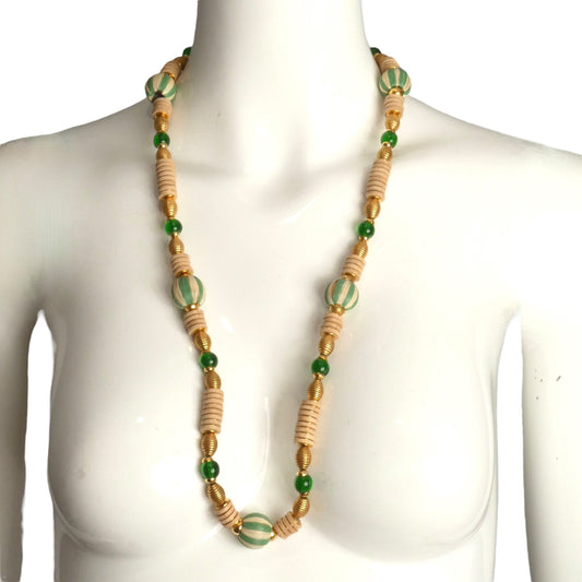 YVES SAINT LAURENT- 1970s Green & Natural Wood & Raffia Necklace