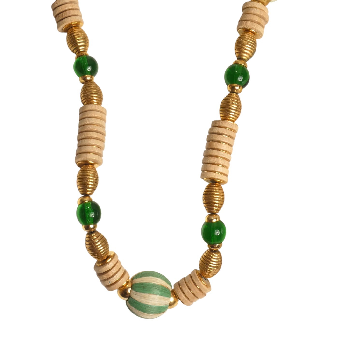 YVES SAINT LAURENT- 1970s Green & Natural Wood & Raffia Necklace