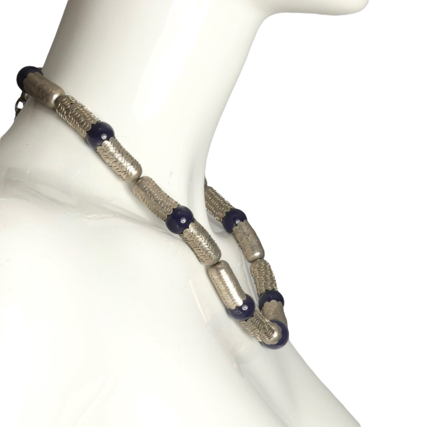 YVES SAINT LAURENT- 1970s Blue Bead & Metal Fishscale Necklace