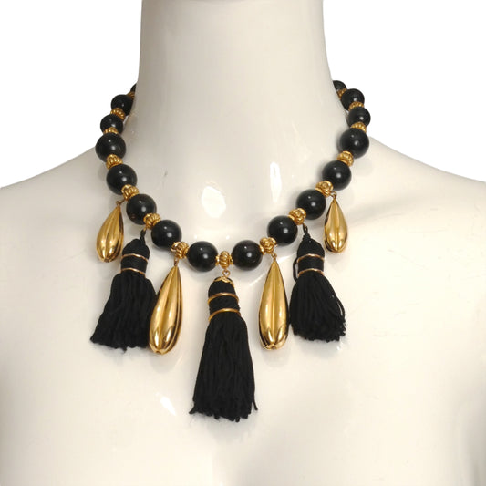 YVES SAINT LAURENT- Black & Gold Bead Tassle Necklace