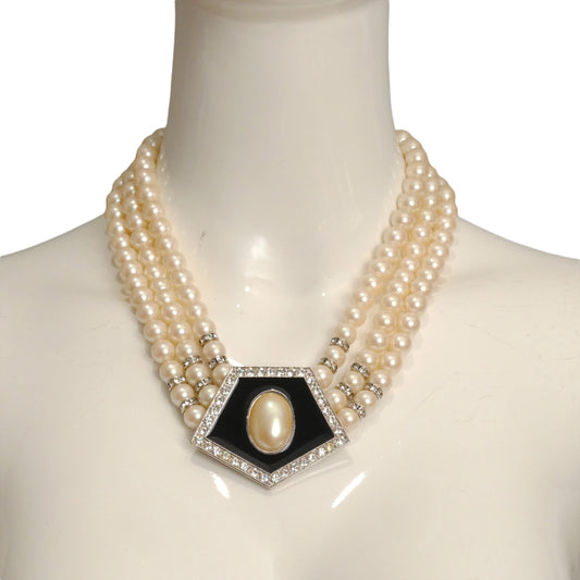 YVES SAINT LAURENT- Pearl & Enamel Rhinestone Medallion Necklace
