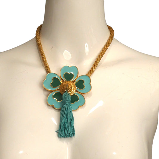 YVES SAINT LAURENT- Gold Rope & Enamel Flower Pendant Necklace/Brooch