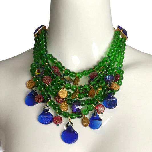 YVES SSAINT LAURENT- 1980s 5-Strand Blue & Green Glass Bead Bib Necklace