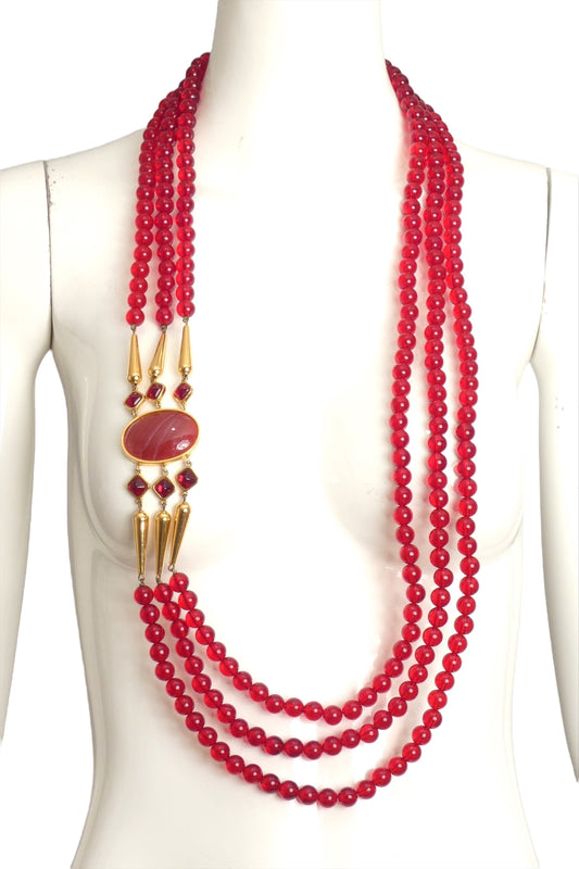 YVES SAINT LAURENT- 1980s 3-Strand Red Bead Medallion Necklace