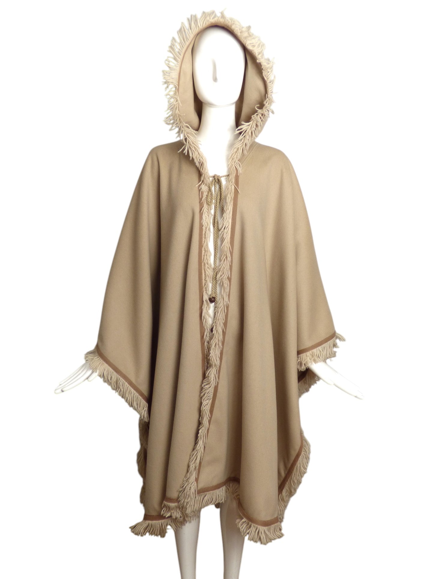 YVES SAINT LAURENT- 1970s Beige Wool Fringed Cloak, Size 10