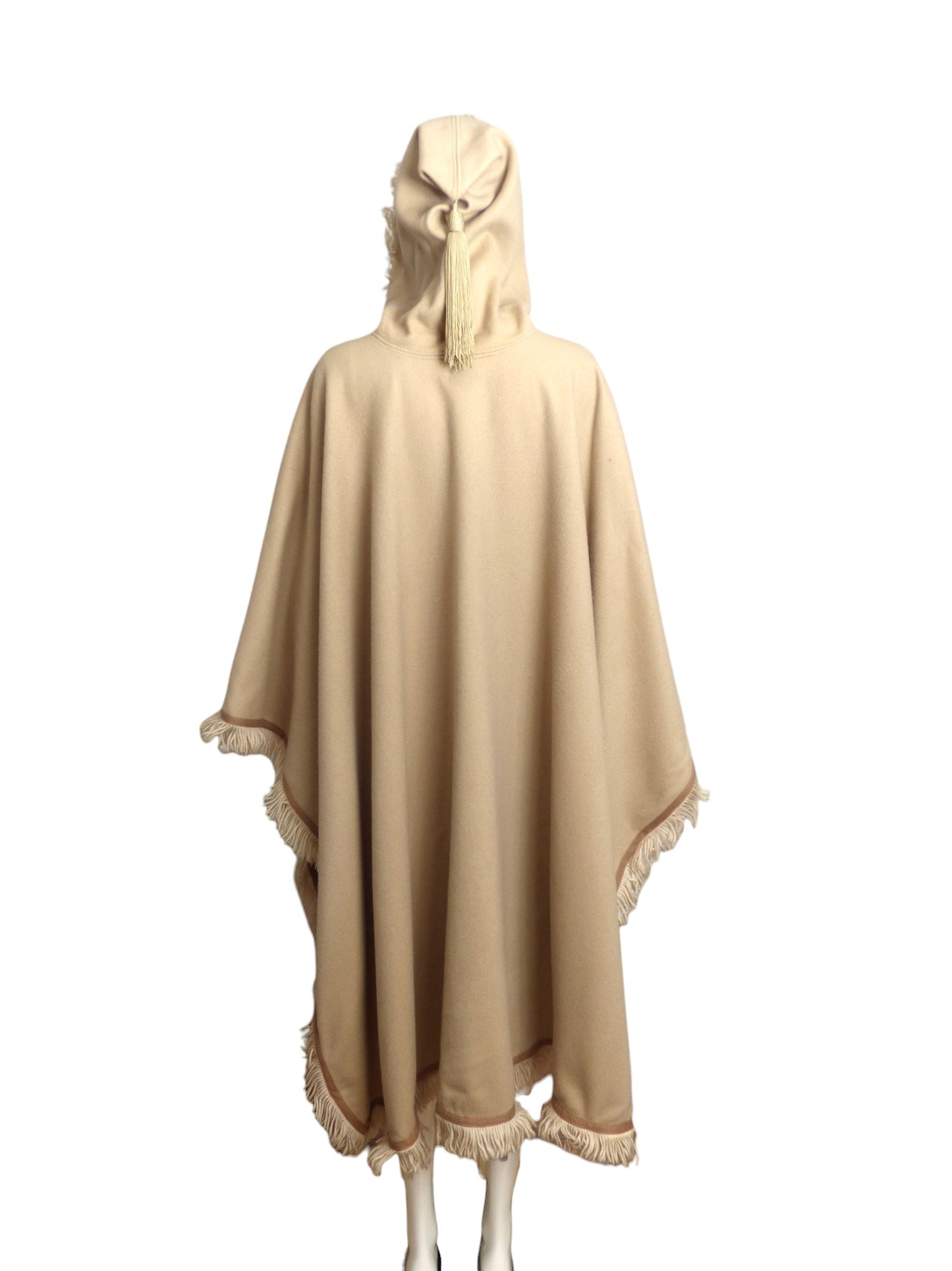 YVES SAINT LAURENT- 1970s Beige Wool Fringed Cloak, Size 10