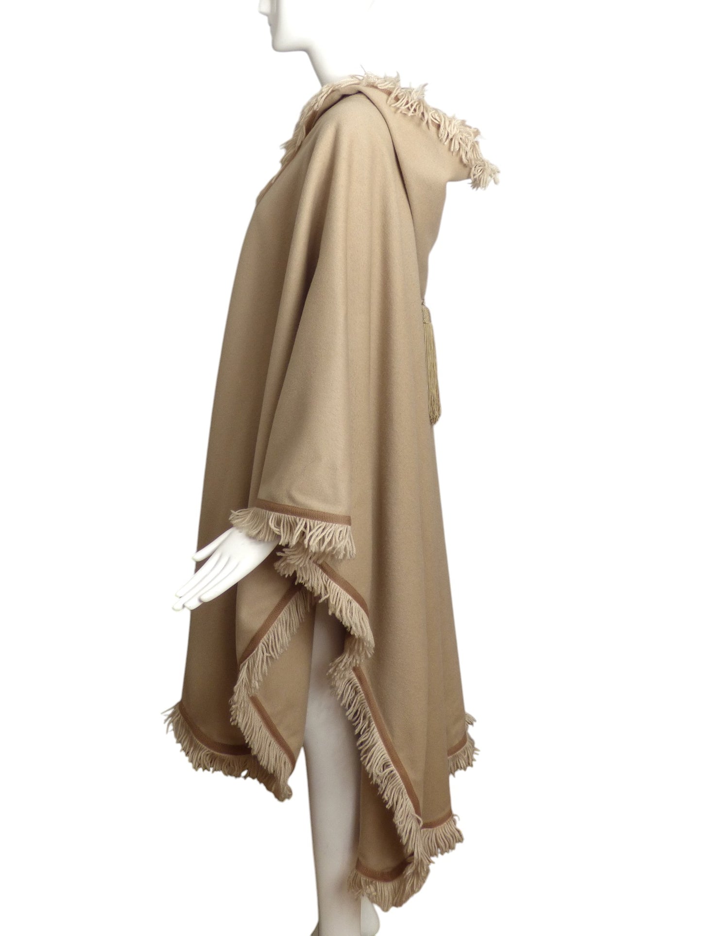 YVES SAINT LAURENT- 1970s Beige Wool Fringed Cloak, Size 10