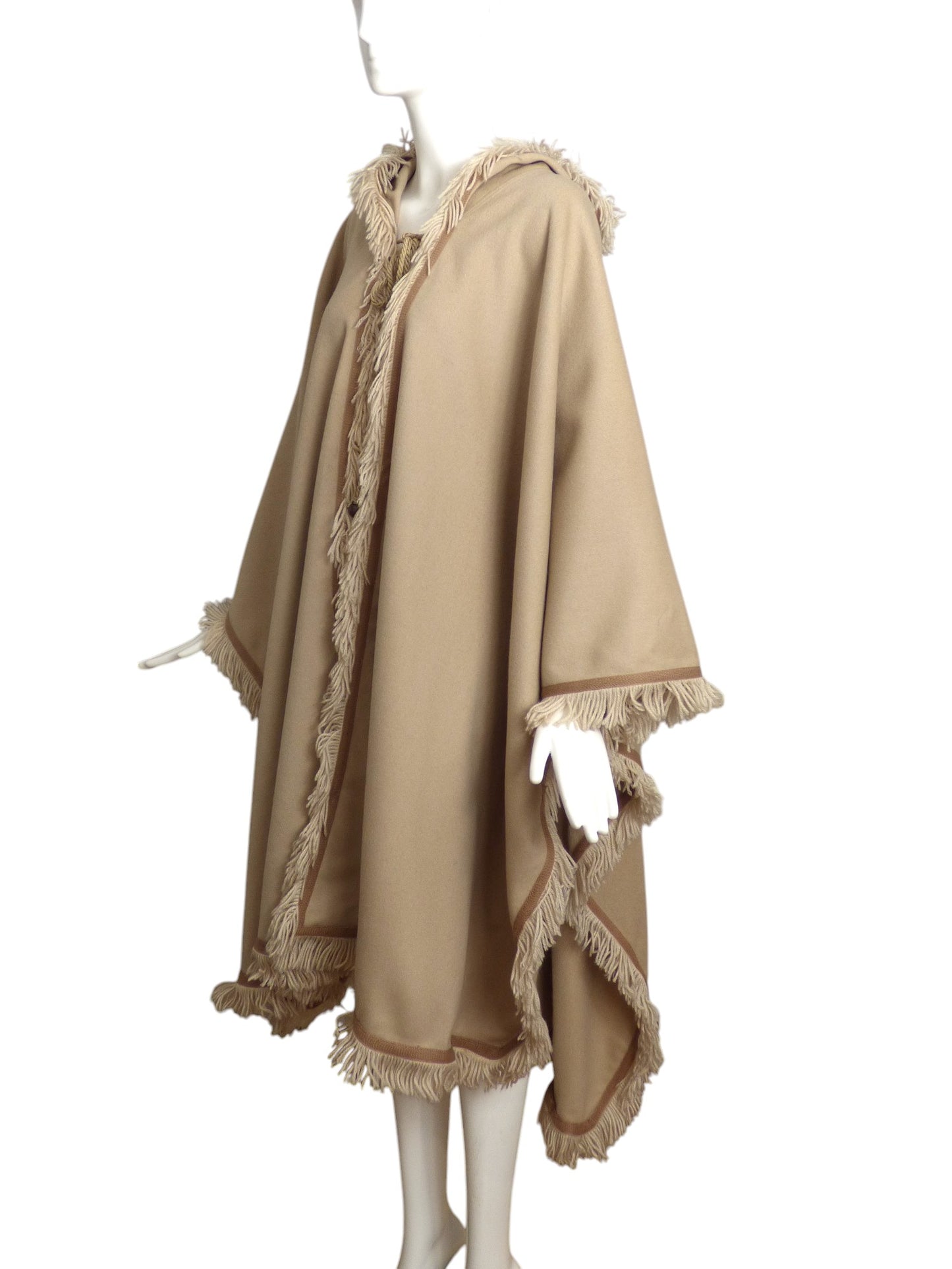 YVES SAINT LAURENT- 1970s Beige Wool Fringed Cloak, Size 10