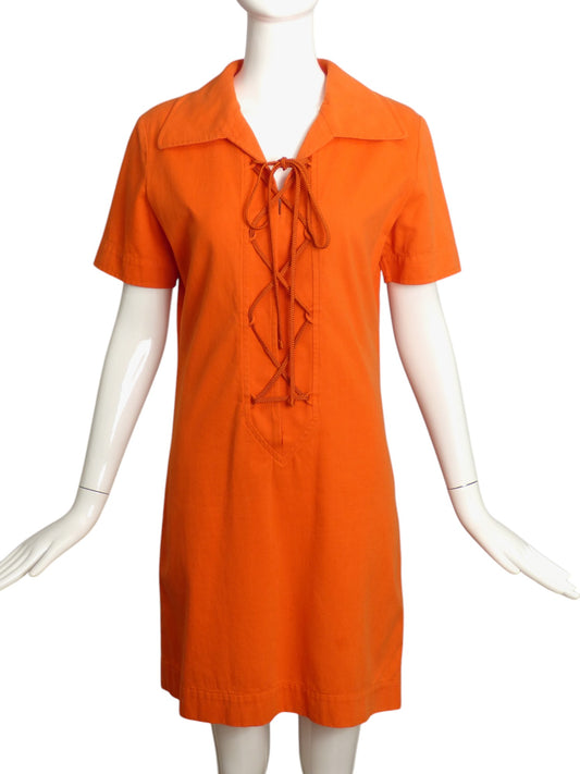 YVES SAINT LAURENT- 1990s Orange Cotton Safari Dress, Size 6