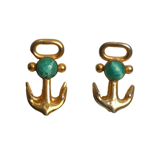 DeLillo- 1960s Gold & Green Anchor Clip On Earrings