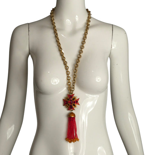 JAY FEINBERG- 1980s Red Rhinestone & Gold Link Necklace