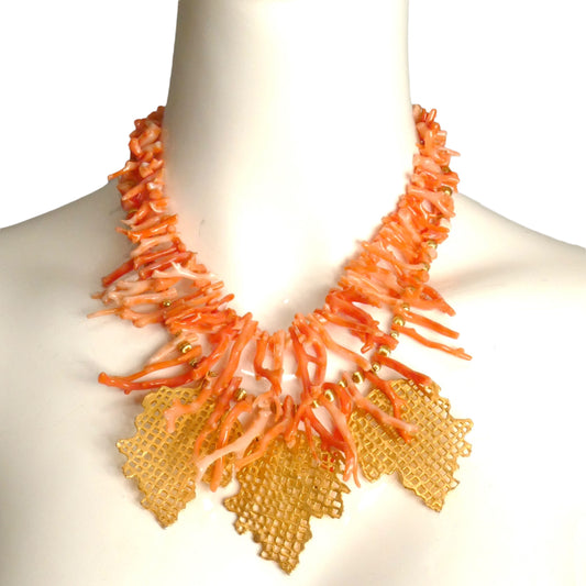 MARY MCFADDEN- 1980s Coral & Gold Leaf Necklace