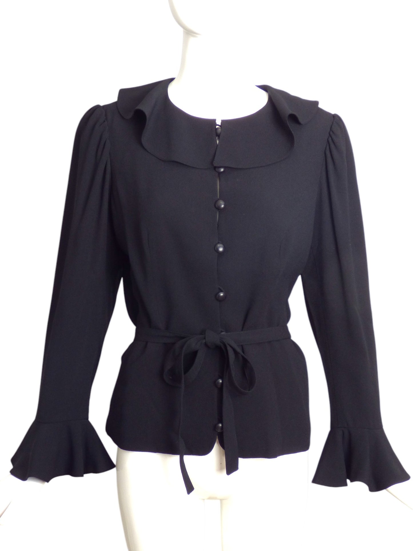 Yves Saint Laurent- 1970s Black Crepe Ruffle Blouse, Size 8