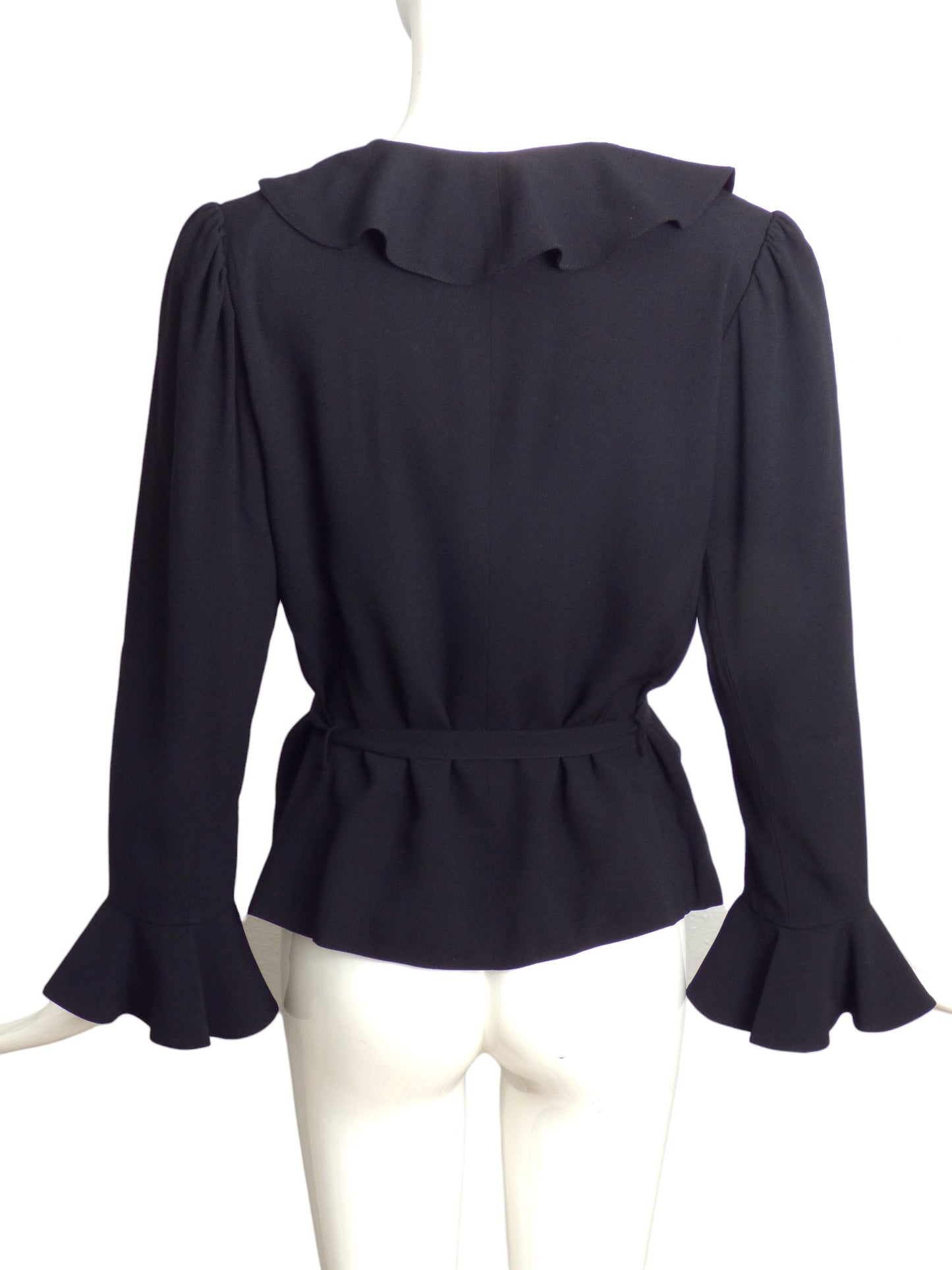 Yves Saint Laurent- 1970s Black Crepe Ruffle Blouse, Size 8