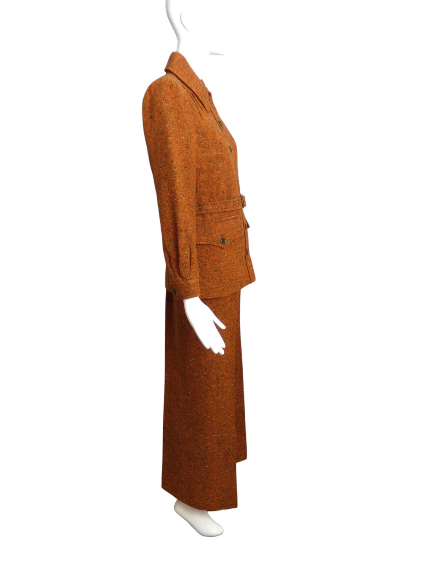 YVES SAINT LAURENT- 1970s 3pc Orange Tweed Skirt/Pant Suit, Size 12