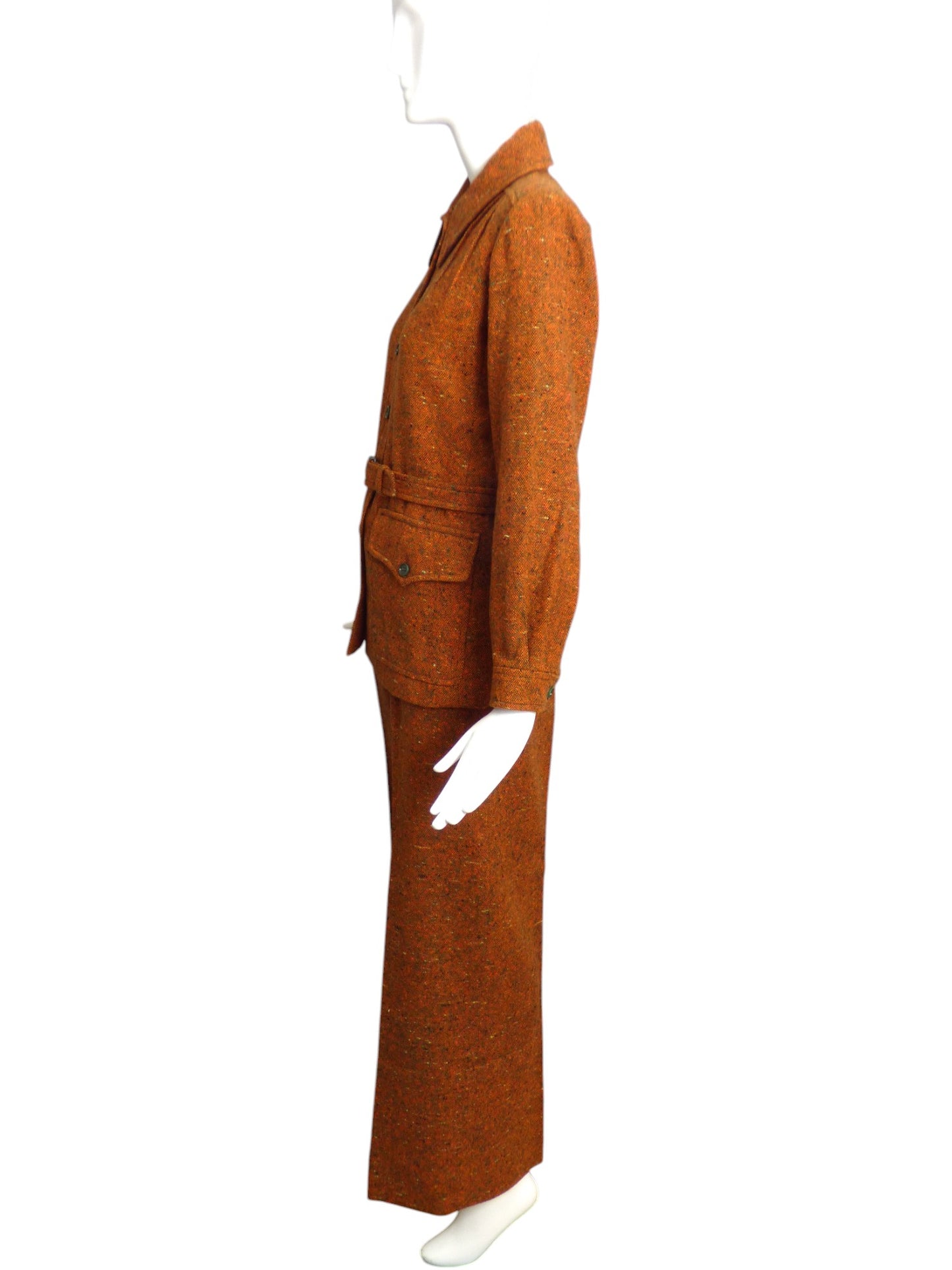 YVES SAINT LAURENT- 1970s 3pc Orange Tweed Skirt/Pant Suit, Size 12