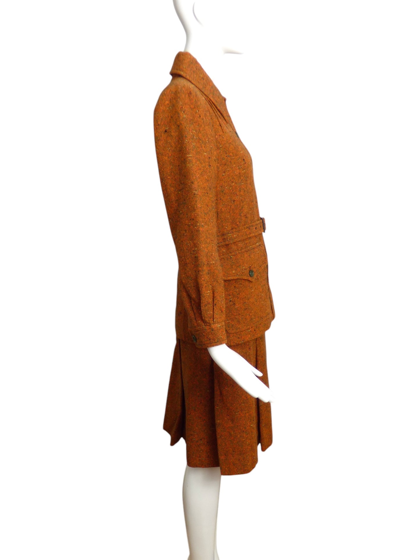 YVES SAINT LAURENT- 1970s 3pc Orange Tweed Skirt/Pant Suit, Size 12