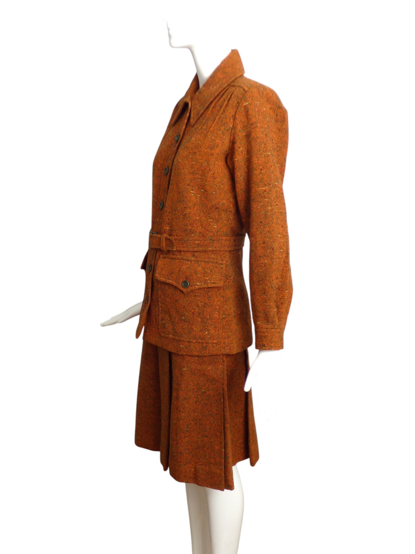 YVES SAINT LAURENT- 1970s 3pc Orange Tweed Skirt/Pant Suit, Size 12