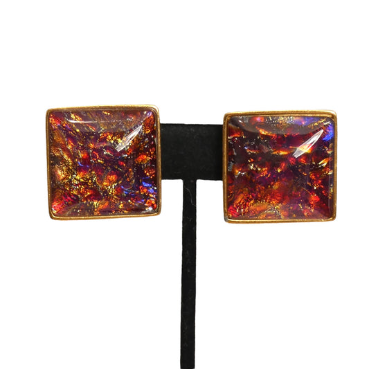 YVES SAINT LAURENT- 1980s Multi Color Glass & Gold Square Earrings