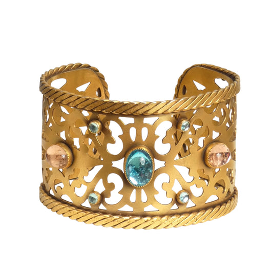 YVES SAINT LAURENT- 1970s Gold Filagree Metal & Cabachon Cuff